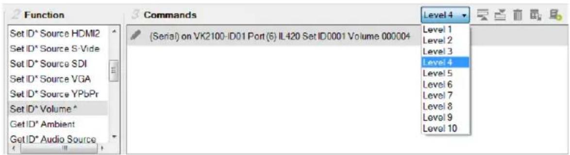 2 Function Set ID* Source HDMI2 Set ID* Source S-Vide Set ID* Source SDI Set ID* Source VGA Set ID* Source YPbPr Set ID* Volume * Get ID* Ambient Get ID* Audio Source 3 Commands (Serial) on VK2100-ID01 Port (6) IL420 Set ID:0001 Volume 000004 Level 4 Level 1 Level 2 Level 3 Level 4 Level 5 Level 6 Level 7 Level 8 Level 9 Level 10