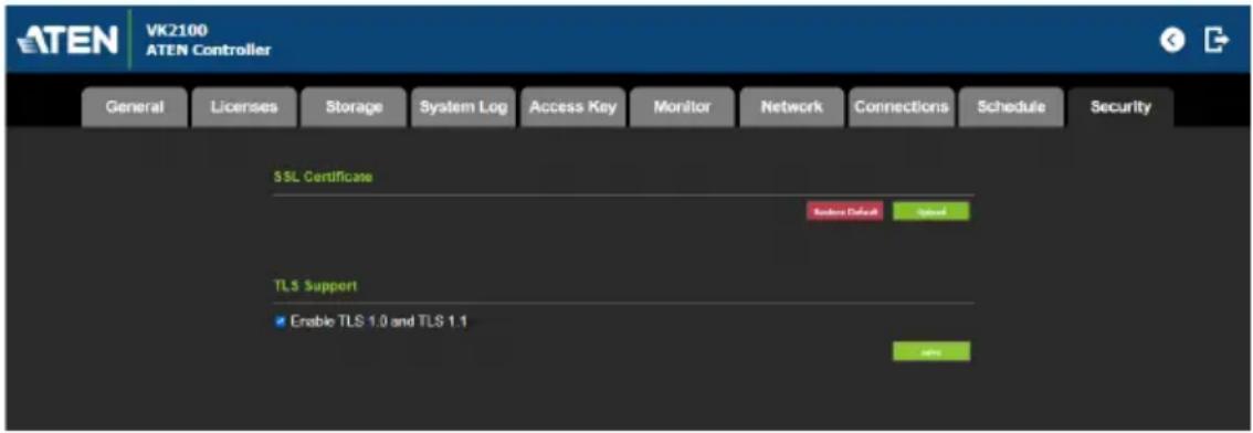 ATEN VK2100 ATEN Controller General Licenses Storage System Log Access Key Monitor Network Connections Schedule Security SSL Certificate Hardware Default Option TLS Support Enable TLS 1.0 and TLS 1.1 OK