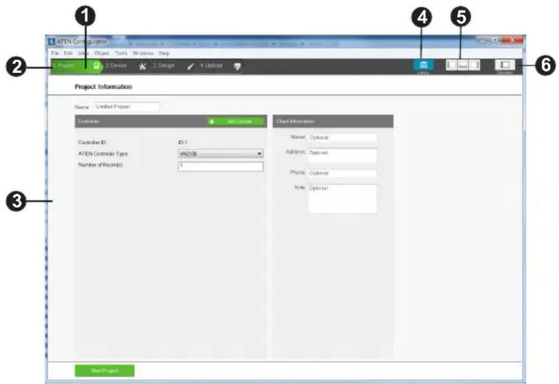 ATEN Configurator File Edit View Object Tools Window Help Project 2 Drive 3 Design 4 Upload Project Information Name: Created Project Controller Add Certificate Controller ID ID-1 ATEN Controller Type: VM2108 Number of Room(s) 1 Check Information Name: Optional Address: Optional Phone: Optional Note: Optional Start Project