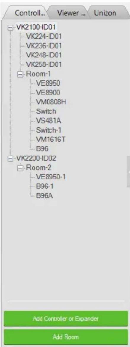 Control... Viewer ... Unizon VK2100-ID01 VK224-ID01 VK236-ID01 VK248-ID01 VK258-ID01 Room-1 VE8950 VE8900 VM0808H Switch VS481A Switch-1 VM1616T B96 VK2200-ID02 Room-2 VE8950-1 B96-1 B96A Add Controller or Expander Add Room