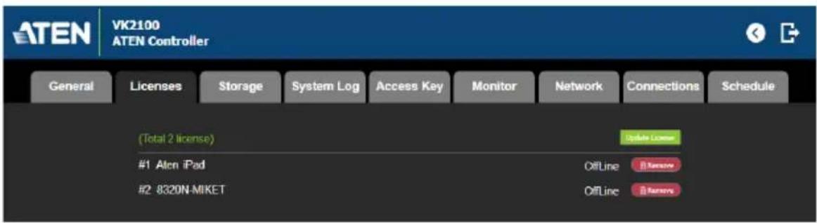 ATEN VK2100 ATEN Controller General Licenses Storage System Log Access Key Monitor Network Connections Schedule (Total 2 license) #1 Aten iPad #2 8320N-MIKET Update License OffLine Remove OffLine Remove