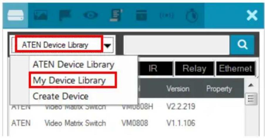 ATEN Device Library ATEN Device Library My Device Library Create Device IR Relay Ethernet Version Property ATEN Video Matrix Switch VM0808H V2.2.219 ATEN Video Matrix Switch VM0808 V1.1.106