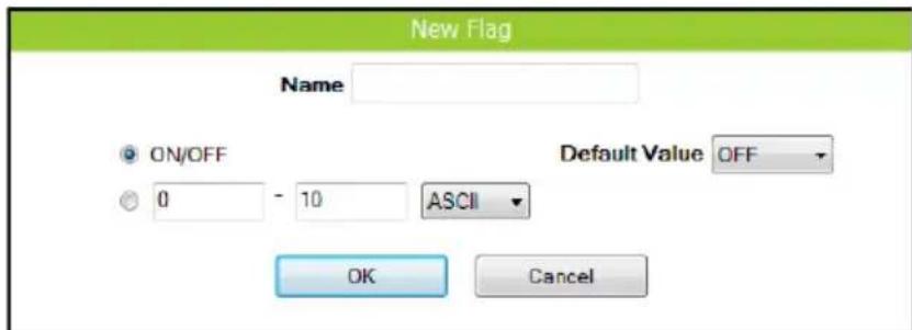 New Flag Name ON/OFF Default Value OFF 0 - 10 ASCII OK Cancel