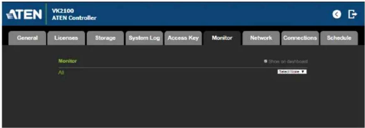 ATEN VK2100 ATEN Controller General Licenses Storage System Log Access Key Monitor Network Connections Schedule Monitor Show on dashboard All Select Note ▼