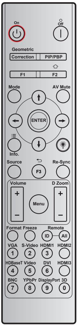 On Off Geometric Correction PIP/PBP F1 F2 Mode AV Mute ← ENTER → Info. Source F3 Re-Sync Volume D Zoom + Menu + - - Format Freeze Remote ID All VGA S-Video HDMI1 HDMI2 1 2 3 HDBaseT Video DVI HDMI3 4 5 6 BNC YPbPr DisplayPort 3D 7 8 9 0