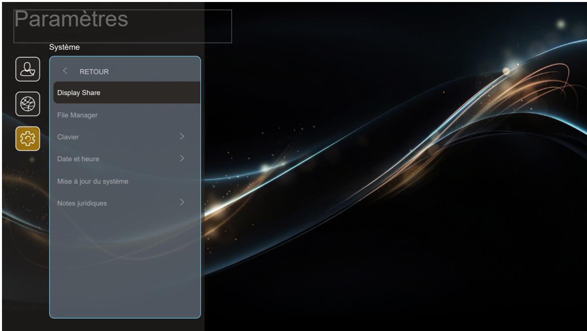 Paramètres Système < RETOUR Display Share File Manager Clavier > Date et heure > Mise à jour du système Notes juridiques >