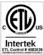 ETL C LISTED US Intertek ETL Control # 4003839 COMPRIPLING ITEMS 25.01. CERTIFIED TO CEA ITEMS 14