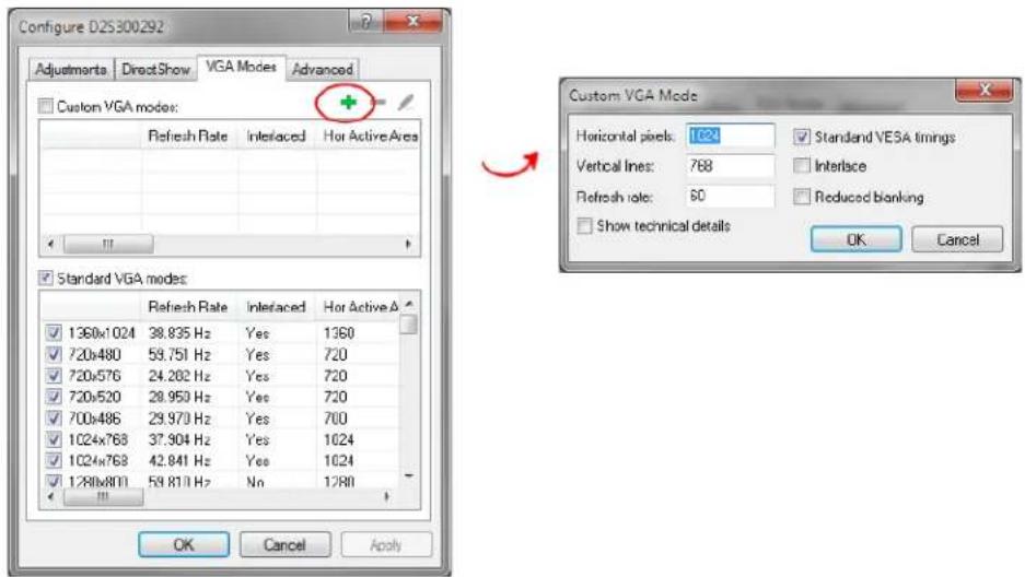 Configure D2S300.292 Adjustments DirectShow VGA Modes Advanced Custom VGA modes: Refresh Rate Interlaced Hor ActiveArea Standard VGA modes: Refresh Rate Interlaced Hor Active A 1360x1024 38.835 Hz Yes 1360 720x480 58.751 Hz Yes 720 720x576 24.202 Hz Yes 720 720x520 28.950 Hz Yes 720 700x486 29.970 Hz Yes 700 1024x768 37.904 Hz Yes 1024 1024x768 42.841 Hz Yes 1024 1280x801 58.811 Hz N= 1280 OK Cancel Apply Custom VGA Mode Horizontal pixels: 122 Standard VESA timings Vertical lines: 788 Interface Refresh rate: 60 Reduced blanking Show technical details OK Cancel