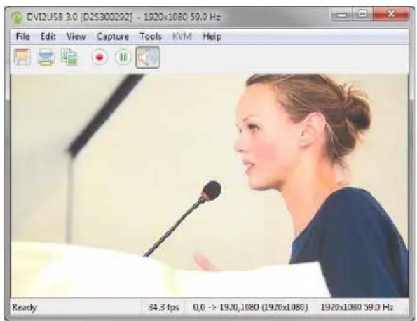 DVI2USB 3.0 [D2S300202] - 1920x1080 59.0 Hz File Edit View Capture Tools KVM Help Ready 34.3 fps 0,0 -> 1920,1080 (1920x1080) 1920x1080 59.0 Hz