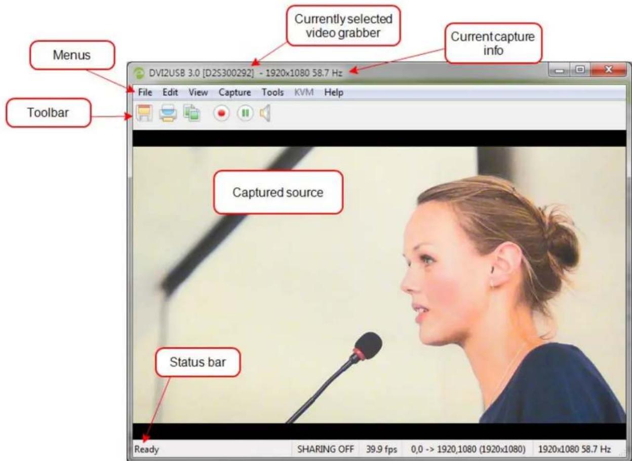 Menus Toolbar Currently selected video grabber Current capture info Captured source Status bar Ready SHARING OFF 39.9 fps 0,0 -> 1920,1080 (1920x1080) 1920x1080 58.7 Hz