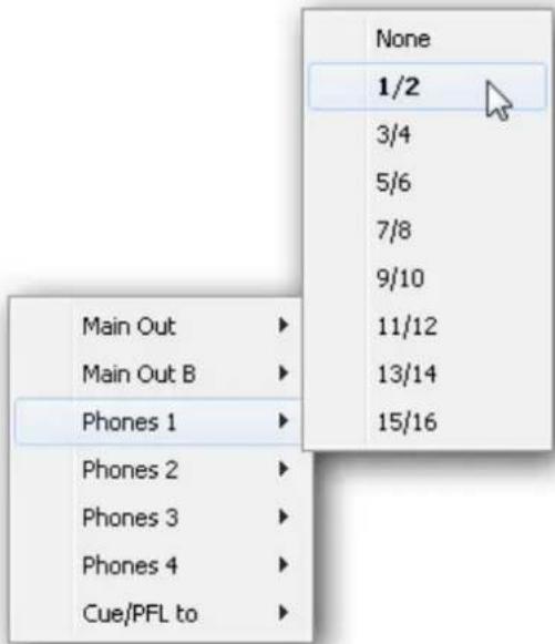 None 1/2 3/4 5/6 7/8 9/10 11/12 13/14 15/16 Main Out ▶ Main Out B ▶ Phones 1 ▶ Phones 2 ▶ Phones 3 ▶ Phones 4 ▶ Cue/PFL to ▶