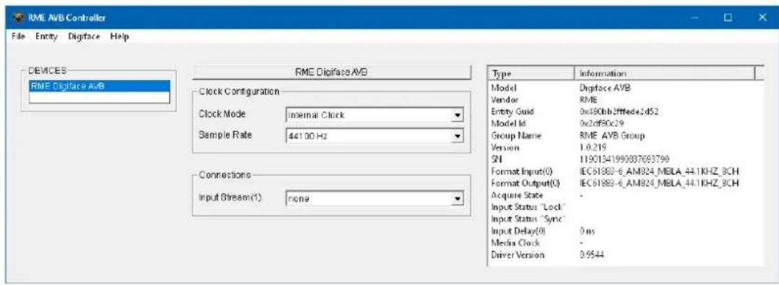 RME AVB Controller File Entry Digface Help DEVICES RME Digface AVB Clock Configuration Clock Mode Internal Clock Sample Rate 441.00 Hz Connections Input Stream(1) none Type Information Model Digface AVB Vendor RME Entity Guid 0x490bb2effede2d52 Model Id 0x2df80c29 Group Name RME AVB Group Version 1.0.219 SN 11901341990837683790 Format Input(0) IEC61883-6_AM824_MBLA_44.1KHZ_8CH Format Output(0) IEC61883-6_AM824_MBLA_44.1KHZ_8CH Acquire State - Input Status "Lock" Input Status "Sync" Input Delay(0) 0 ns Media Clock - Driver Version 0.9544