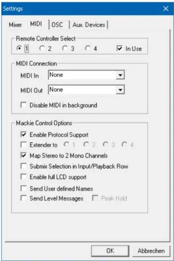 Settings Mixer Mali | OSC | Aux. Devices | Remote Controller Select ● 1 ○ 2 ○ 3 ○ 4 ✓ In Use MIDI Connection MIDI In None MIDI Out None □ Disable MIDI in background Mackie Control Options ✓ Enable Protocol Support □ Extender to ○ 1 ○ 2 ○ 3 ○ 4 ✓ Map Stereo to 2 Mono Channels □ Submix Selection in Input/Playback Row □ Enable full LCD support □ Send User defined Names □ Send Level Messages □ Peak Hold OK Abbrechen