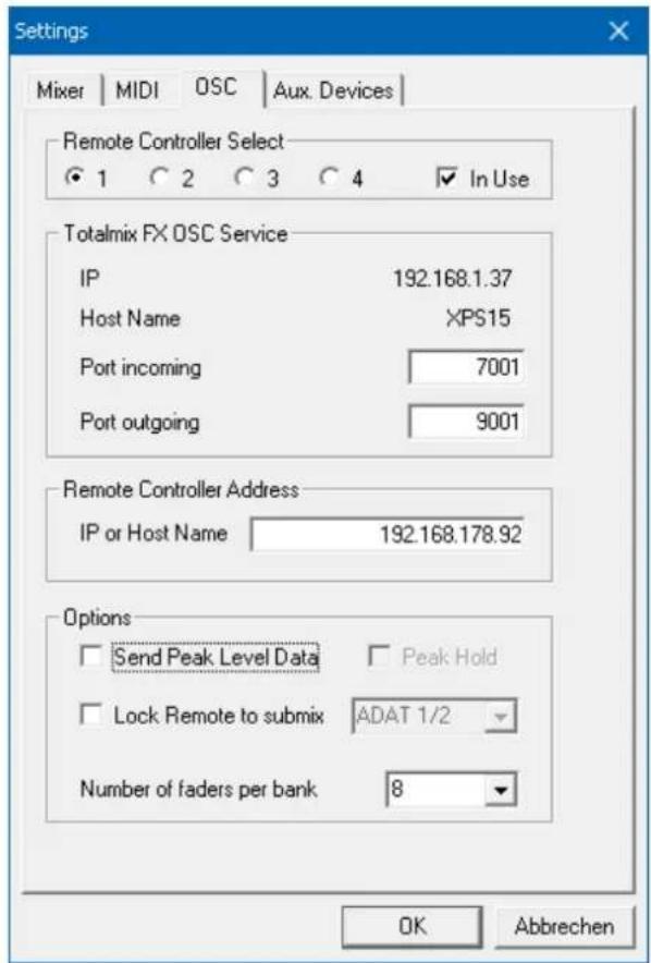 Settings Mixer | MIDI | OSC | Aux. Devices | Remote Controller Select ● 1 ○ 2 ○ 3 ○ 4 In Use Totalmix FX OSC Service IP 192.168.1.37 Host Name XPS15 Port incoming 7001 Port outgoing 9001 Remote Controller Address IP or Host Name 192.168.178.92 Options □ Send Peak Level Data □ Peak Hold □ Lock Remote to submix ADAT 1/2 Number of faders per bank 8 OK Abbrechen