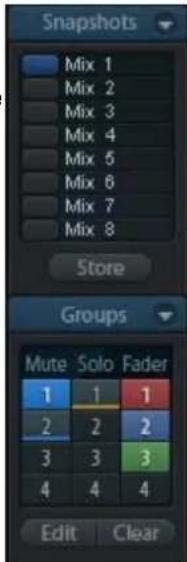Snapshots Mix 1 Mix 2 Mix 3 Mix 4 Mix 5 Mix 6 Mix 7 Mix 8 Store Groups Mute Solo Fader 1 1 1 2 2 2 3 3 3 4 4 4 Edit Clear