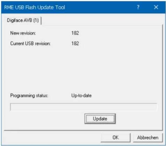 RME USB Flash Update Tool Digiface AVB (1) New revision: 182 Current USB revision: 182 Programming status: Up-to-date Update OK Abbrechen