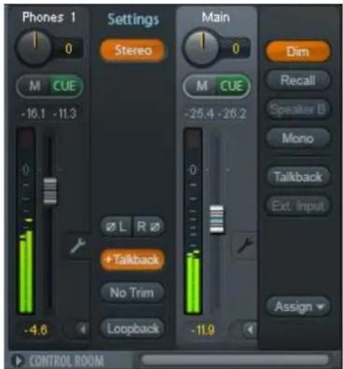 Phones 1 Settings Stereo Main M CUE -16.1 -11.3 Ø L R Ø +Talkback No Trim Loopback -4.6 -25.4 -26.2 Dim Recall Speaker B Mono Talkback Ext. Input Assign CONTROL ROOM