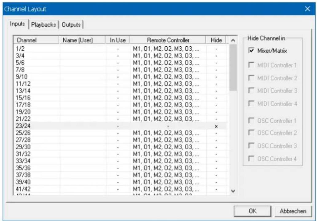 Channel Layout Inputs | Playbacks | Outputs | Channel Name (User) In Use Remote Controller Hide 1/2 - M1,01,M2,02,M3,03... - 3/4 - M1,01,M2,02,M3,03... - 5/6 - M1,01,M2,02,M3,03... - 7/8 - M1,01,M2,02,M3,03... - 9/10 - M1,01,M2,02,M3,03... - 11/12 - M1,01,M2,02,M3,03... - 13/14 - M1,01,M2,02,M3,03... - 15/16 - M1,01,M2,02,M3,03... - 17/18 - M1,01,M2,02,M3,03... - 19/20 - M1,01,M2,02,M3,03... - 21/22 - M1,01,M2,02,M3,03... - 23/24 - x 25/26 - M1,01,M2,02,M3,03... - 27/28 - M1,01,M2,02,M3,03... - 29/30 - M1,01,M2,02,M3,03... - 31/32 - M1,01,M2,02,M3,03... - 33/34 - M1,01,M2,02,M3,03... - 35/36 - M1,01,M2,02,M3,03... - 37/38 - M1,01,M2,02,M3,03... - 39/40 - M1,01,M2,02,M3,03... - 41/42 - M1,01,M2,02,M3,03... - OK Abbrechen