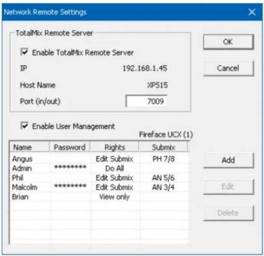 Network Remote Settings TotalMix Remote Server Enable TotalMix Remote Server IP 192.168.1.45 Host Name XP515 Port (in/out) 7009 Enable User Management Fireface UCX (1) Name Password Rights Submix Angus Edit Submix PH 7/8 Admin Do All Phil Edit Submix AN 5/6 Malcolm Edit Submix AN 3/4 Brian View only Add Edit Delete