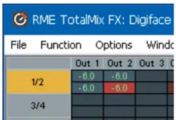 RME TotalMix FX: Digiface File Function Options Windc Out 1 Out 2 Out 3 0 1/2 -6.0 -6.0 -6.0 -6.0 3/4