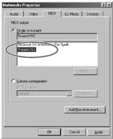 Multimedia Properties Audio Video MIDI CO Music Devices MIDI output ● Single instrument Roland VSC Microsoft CS Wavelet SW Synth Roland VSC About... ● Custom configuration MIDI scheme Default Configure... Add New Instrument... OK Cancel Apply