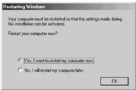 Restarting Windows Your computer must be restarted so that the settings made during this installation can be activated. Restart your computer now? Yes, I want to restart my computer now. No, I will restart my computer later. OK