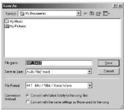 Save As Saveng My Documents My Music My Pictures File name: 329.8457 Save as type: Audio File("wav) Save Cancel File Format: 44.1 MHz /18bit / Stereo Wave Conversion Method: Convert with fullest fidelity to the song line Convert with the same settings as those used for the song