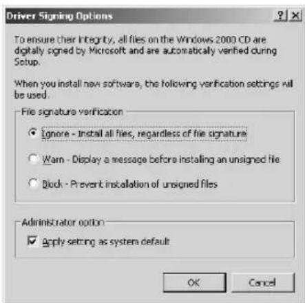 Driver Signing Options To ensure their integrity, all files on the Windows 2000 CD are digitally signed by Microsoft and are automatically verified during Setup. When you install new software, the following verification settings will be used. File signature verification ● Ignore - Install all files, regardless of file signature ○ Warn - Display a message before installing an unsigned file ○ Block - Prevent installation of unsigned files Administrator option ☑ Apply setting as system default OK Cancel