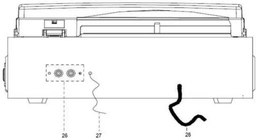 Technical diagram of a device rear panel with labeled ports and wiring connections