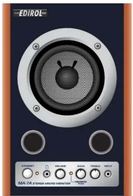 EDIROL STANDBY VOLUME BASS TRESILE INPUT MA-7A STEREO MICRO MONITOR ENSMER Puts