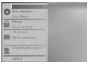 Disc Subtitle Disc Menu Rating Code/Key Code TV Aspect Menu Language Digital Audio Output Others