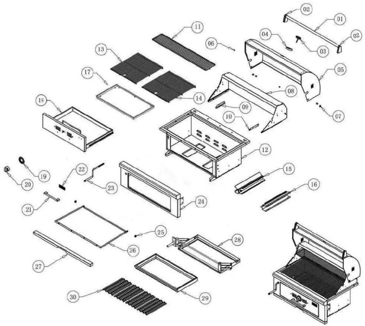 Exploded view diagram of a refrigerator with numbered parts for identification