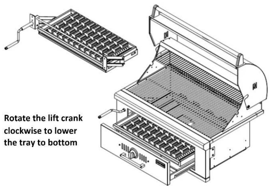 Rotate the lift crank clockwise to lower the tray to bottom