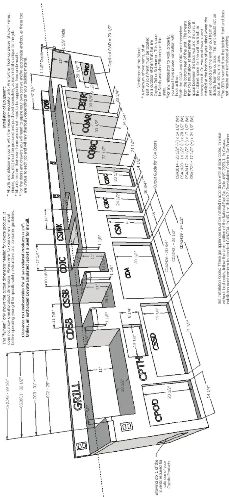 This "flysheet" only shows the cutout dimensions needed for Coyote product. It does not show overall product dimensions. Always refer to your owners manual before operating your grill for specific safety instructions and consumer guidelines. Clearance to Combustibles for all Gas Related Products is 24". Unless, an authorized Coyote Insulated Jacket is used for install. Installation of Equipment: * All grills and sideburners come with the necessary regulator only. Any further hook-up pieces (shut-off valves, nipples, tees, etc) must be procured and purchased separately, as each install is unique to the job. * All units rest on their own frame and do not need to be supported from underneath. * For the doors and drawers you will need to acquire your own screws and/or appropriate anchors, as these too are unique to each job and will vary drastically depending on your building material. GRILL CDSB CSSB CDIC CSINK 17 1/4" 10 1/8" 14' CHSO 1 1/8" Depth 1 5/8" Wide 1 1/8" 1 1/8" 1 1/8" 1 1/8" 20 1/2" 20 1/2" 20 1/2" 20 1/2" 20 1/2" 20 1/2" 20 1/2" 20 1/2" 20 1/2" 20 1/2" 20 1/2" 20 1/2" 20 1/2" 20 1/2" 20 1/2" CPOD CPTH CSSD 13 1/2" 13 1/2" 13 1/2" 13 1/2" 13 1/2" 13 1/2" 13 1/2" 13 1/2" 13 1/2" 13 1/2" 13 1/2" 13 1/2" 13 1/2" 13 1/2" 13 1/2" 14 1/4" CDA 20 1/2" CSA H C300 24 1/2" C20C 20 1/2" COBC 32 1/2" COAR 33 1/2" CBIR 33 5/8" 9 1/2" CWD Depth of CWD = 23 1/2" CDA2426 - 20 3/4" CDA2431 - 25 1/2" W Cutout Guide for CSA Doors CDA2439 - 34 1/2" CSA2014 - 20 1/2" (H) x 14 1/2" (W) CSA1420 - 14 1/2" (H) x 20 1/2" (W) CSA2417 - 24 1/2" (H) x 17 1/2" (W) CSA1724 - 17 1/2" (H) x 24 1/2" (W) Ventilation of the Island: * A minimum of two vents, of at least 30 sq in/vent must be located on a outdoor kitchen that has any Coyote Grill or Sideburner. This is due for Safety and also Efficiency of the units. *For any refrigerator to work properly, you must have proper ventilation with fresh airflow. *Both the COAR and COBC vent themselves from the bottom rear of the unit. This means that you must allow at least either 6" of open space between the back wall and the unit, if the cabinet space for the unit has fresh air coming into it. Or, you must have a vent installed at the bottom of your island where the unit is located and the unit can pull fresh air directly from the outside. This vent should not be less than 60 sq in in area. *The CBIR is vented from the bottom front and does not require any extra/special venting. Showing atv 1 of the 2 vents required for safe use of your Coyote Products. Grill Installation Codes: These gas appliances must be installed in accordance with all local codes. In areas without local codes, follow the latest edition of the National Fuel Gas Code ANSI 2223.1. In Canada, installation must conform to standard CAN/CGA 1b149.1 or 1b149.2 (Instalation Code for Gas Burning)