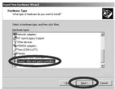 Sound New Hardware Wizard Hardware Type What type of hardware do you want to install? Select a hardware type, and then click Next. Hardware types Network adapters NT Apex/Legacy/Support Other devices PDMDA adapters Pure (CDM LLPT) Plants Sound video and more controllers < Back Next > Cancel