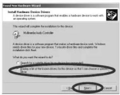 Found New Hardware Wizard Install Hardware Device Drivers A device driver is a software program that enables a hardware device to work with an operating system. This wizard will complete the installation for this device. Multimedia Audio Controller A device driver is a software program that makes a hardware device node. Windows needs drive like for your new device. To allocate drive like and complete the installation click Next. What do you want the wizard to do? • Searches available to change the software installation • Display a list of the known drivers for this device so that I can choose a special drive < Back Next > Cancel