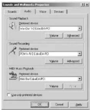 Sounds and Multimedia Properties Sounds Audio Voice Devices Sound Playback Deleted device WinOut 1/2 Edge DA-PCI Volume Advanced Sound Recording Preferred device POA In 1/2 Edge DA-PCI Volume Advanced MIDI Music Playback Preferred device Mid-Out Edge DA-PCI Volume Active Use only preferred devices OK Cancel Apply