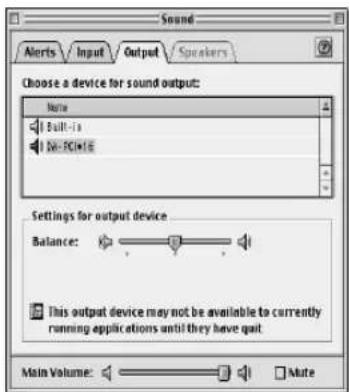 Sound Alerts Input Output Speakers Choose a device for sound output: Name Built-in NC-PCMIE Settings for output device Balance: This output device may not be available to currently running applications until they have quit. Main Volume: Mate