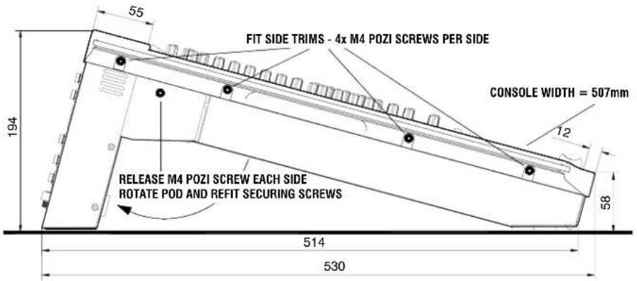 55 FIT SIDE TRIMS - 4x M4 POZI SCREWS PER SIDE CONSOLE WIDTH = 507mm 194 12 58 RELEASE M4 POZI SCREW EACH SIDE ROTATE POD AND REFIT SECURING SCREWS 514 530