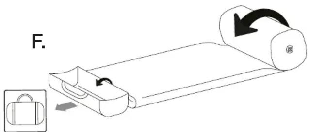 Diagram of a rolling device with a bag and scroll, showing a rotation arrow and a close-up view of the bag (no text or symbols)