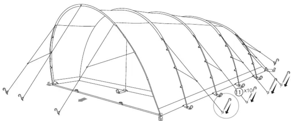 Technical line drawing of a curved structural framework with support beams and a circular annotation (no text or symbols)
