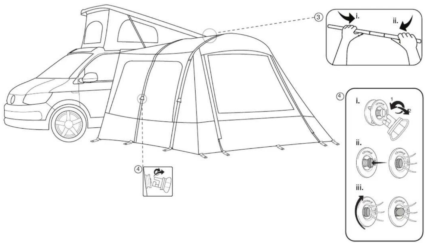 Diagram illustrating a camping setup with labeled parts and instructions for handling a device, including four steps from initial drawing to final assembly.
