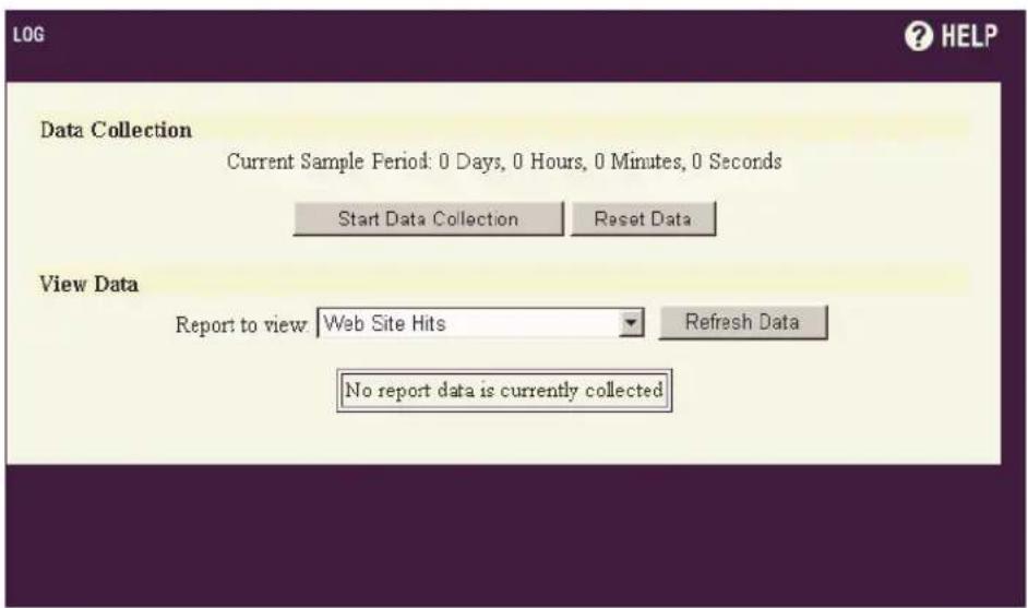 LOG HELP Data Collection Current Sample Period: 0 Days, 0 Hours, 0 Minutes, 0 Seconds Start Data Collection Reset Data View Data Report to view: Web Site Hits Refresh Data No report data is currently collected
