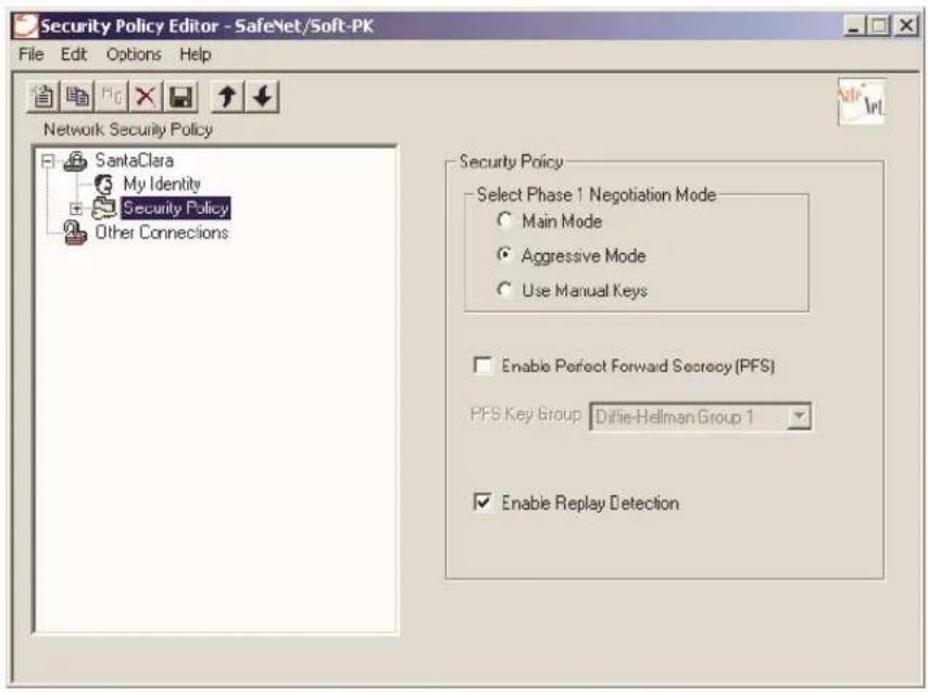 Security Policy Editor - SafeNet/Soft-PK File Edit Options Help Network Security Policy SantaClara My Identity Security Policy Other Connections Security Policy Select Phase 1 Negotiation Mode Main Mode Aggressive Mode Use Manual Keys Enable Perfect Forward Secrecy (PFS) PFS Key Group Diflie-Helman Group 1 Enable Replay Detection