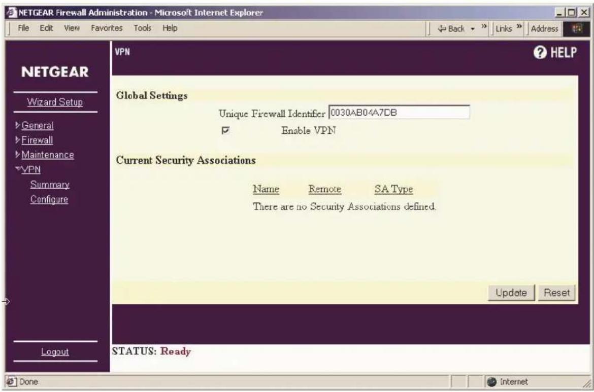NETGEAR Firewall Administration - Microsoft Internet Explorer File Edit View Favorites Tools Help Back » Links » Address File Edit View Favorites Tools Help NETGEAR Wizard Setup ► General ► Firewall ► Maintenance ► VPN Summary Configure Logout VPN Global Settings Unique Firewall Identifier 0030AB04A7DB Enable VPN Current Security Associations Name Remote SA Type There are no Security Associations defined. Update Reset STATUS: Ready Done HELP Update Reset