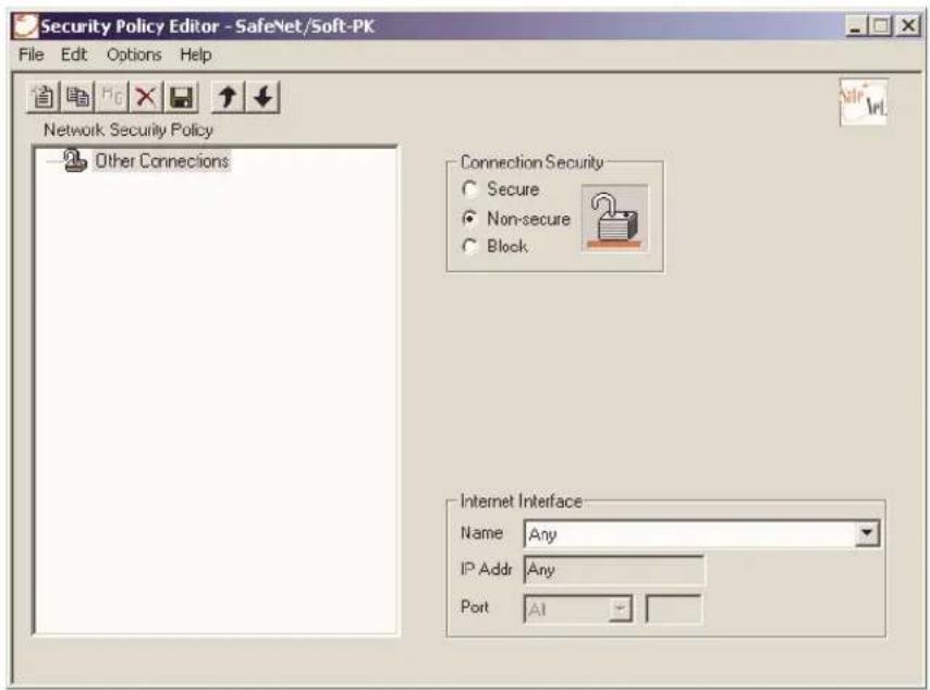 Security Policy Editor - SafeNet/Soft-PK File Edit Options Help Network Security Policy Other Connections Connection Security Secure Non-secure Block Internet Interface Name Any IP Addr Any Port AI