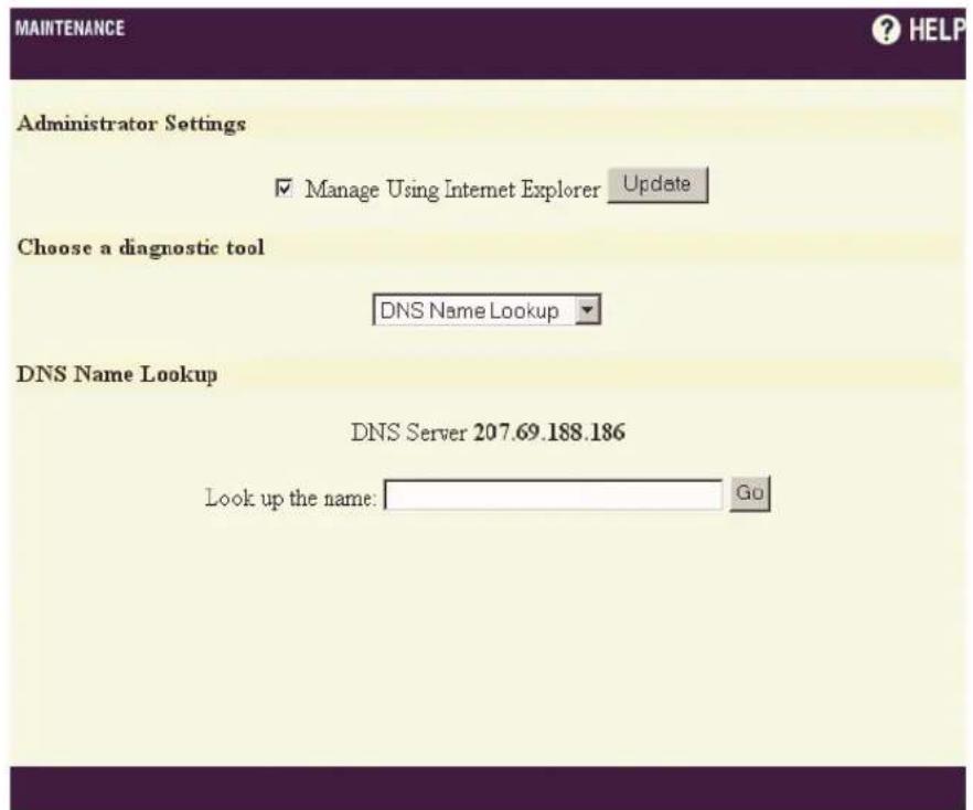 MAINTENANCE Administrator Settings ✓ Manage Using Internet Explorer Update Choose a diagnostic tool DNS Name Lookup DNS Name Lookup DNS Server 207.69.188.186 Look up the name: Go