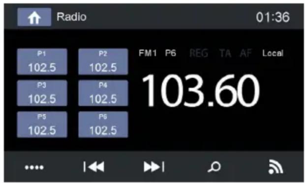 Radio 01:36 P1 P2 FM1 P6 REG TA AF Local 102.5 102.5 P3 P4 102.5 102.5 102.5 P5 P6 102.5 103.60