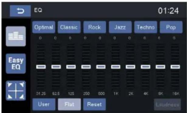 EQ 01:24 Optimal Classic Rock Jazz Techno Pop Easy EQ 31.25 62.5 125 250 500 1K 2K 4K 8K 16K User Flat Reset Laughness