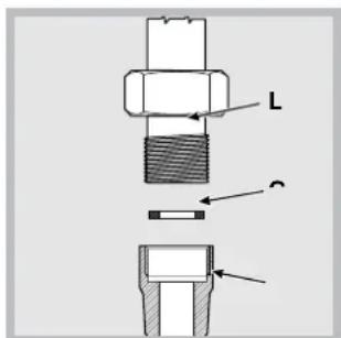 Technical diagram showing mechanical assembly with labeled parts L and C